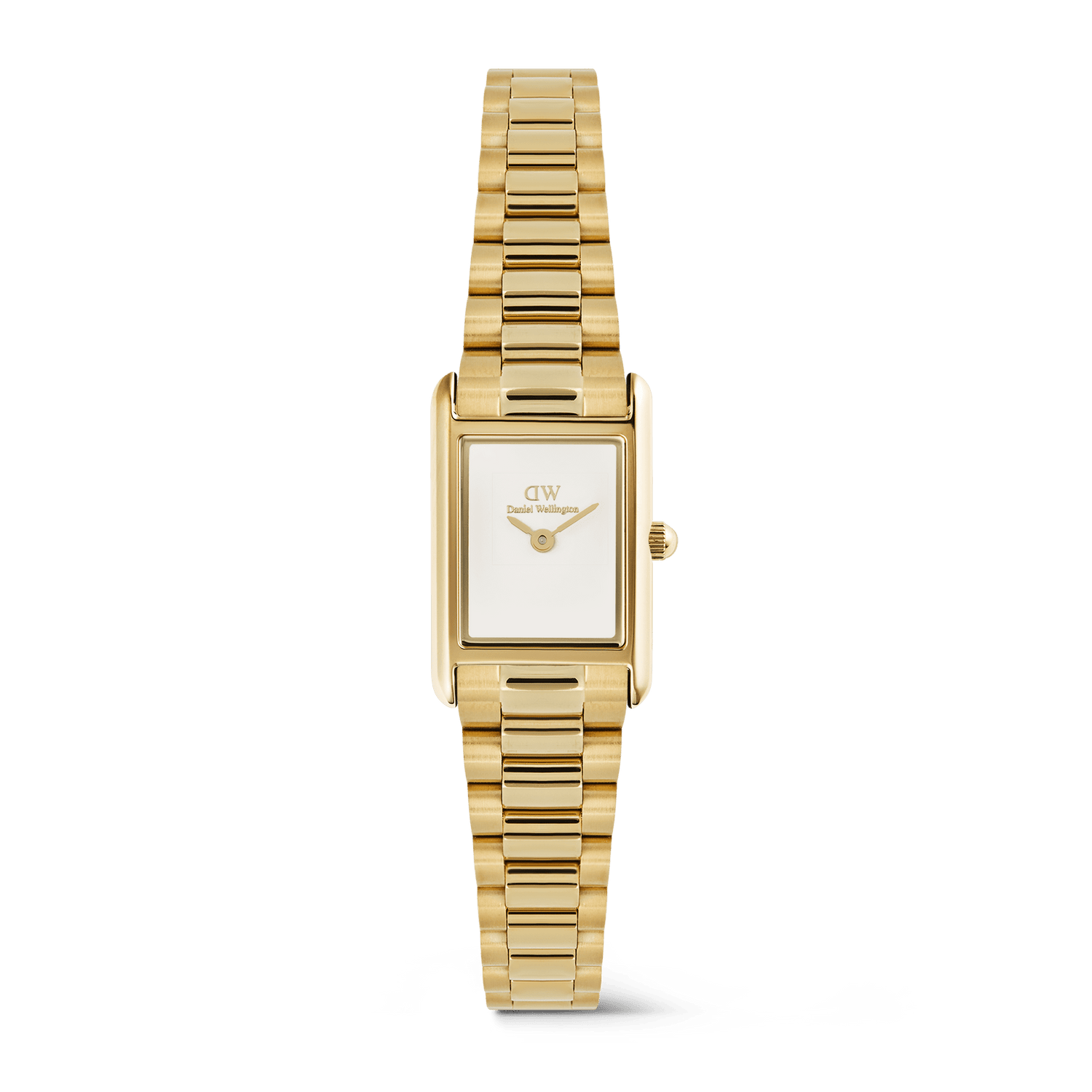 A ladies gold watch with a slim rectangular case, crisp white dial, and a classic 3-link gold bracelet, featuring a minimalist design and polished finish.
