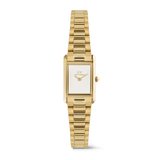 A ladies gold watch with a slim rectangular case, crisp white dial, and a classic 3-link gold bracelet, featuring a minimalist design and polished finish.