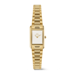 A ladies gold watch with a slim rectangular case, crisp white dial, and a classic 3-link gold bracelet, featuring a minimalist design and polished finish.