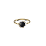 Audrey Ring Black Agathe Gold with a slim gold band, featuring a domed black agate centrepiece framed by a halo of sparkling white cubic zirconia crystals.