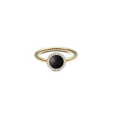 Audrey Ring Black Agathe Gold with a slim gold band, featuring a domed black agate centrepiece framed by a halo of sparkling white cubic zirconia crystals.