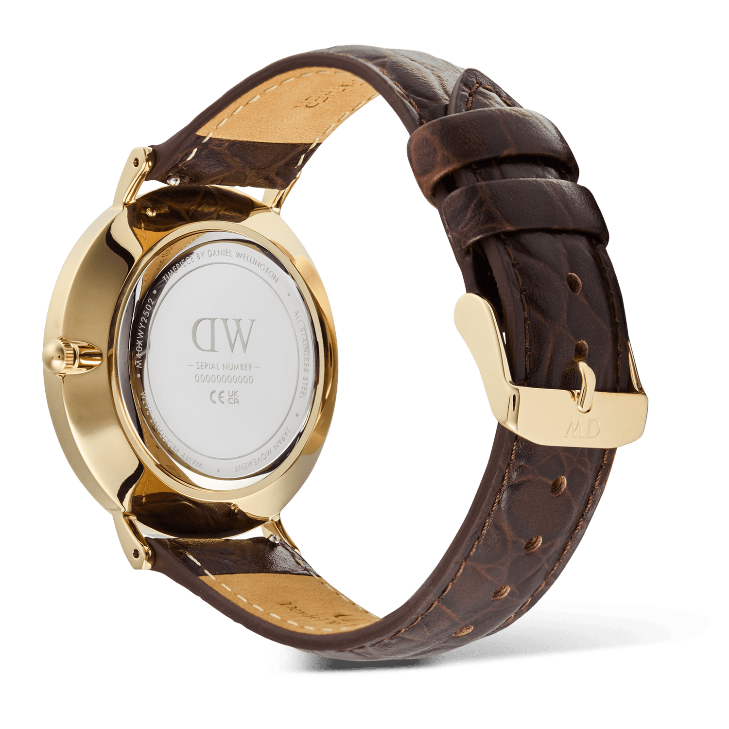 Back view of the Classic Roman Numerals Date Dark Brown Croc Belly Gold watch, highlighting the gold PVD-plated case, engraved case back, and dark brown crocodile-embossed leather strap with a gold pin buckle.