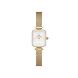 Quadro Mini Lumine Bezel Gold ladies watch with a rectangular white dial, crystal-set bezel, and a slim gold mesh strap, designed for everyday elegance and comfortable wear.