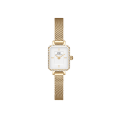 Quadro Mini Lumine Bezel Gold ladies watch with a rectangular white dial, crystal-set bezel, and a slim gold mesh strap, designed for everyday elegance and comfortable wear.