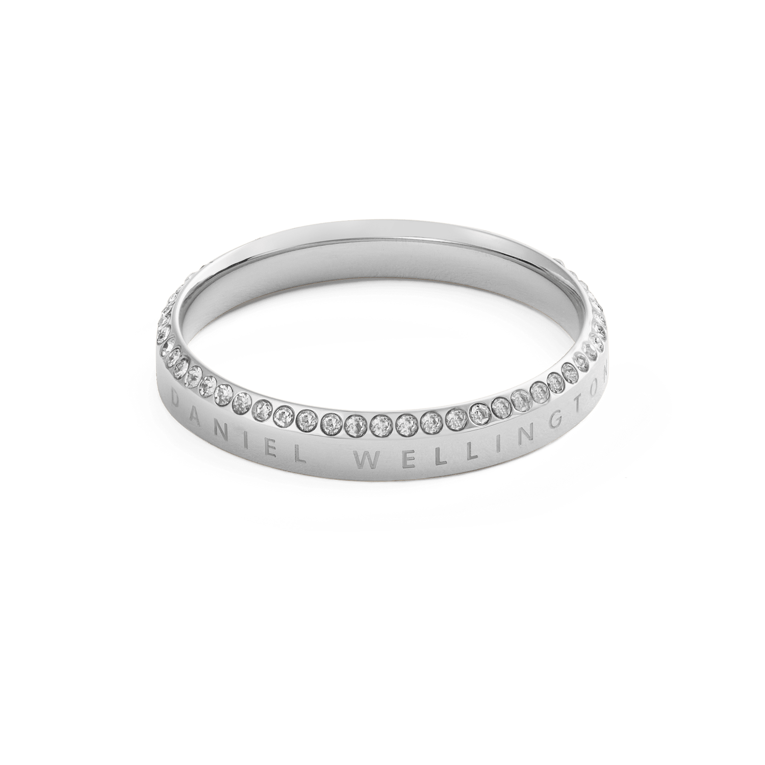 Classic Aura Ring Silver with a slim polished stainless steel band, featuring a single row of white crystals along the chamfered edge and subtle engraved branding for a modern, elegant finish.