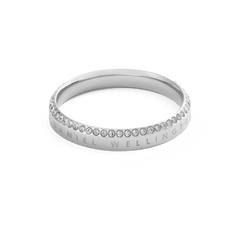 Classic Aura Ring Silver with a slim polished stainless steel band, featuring a single row of white crystals along the chamfered edge and subtle engraved branding for a modern, elegant finish.