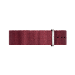 Roselyn Strap Silver features a deep ruby red NATO style polyester band with a polished silver buckle, ideal for updating men’s or women’s watches with a refined, modern look.
