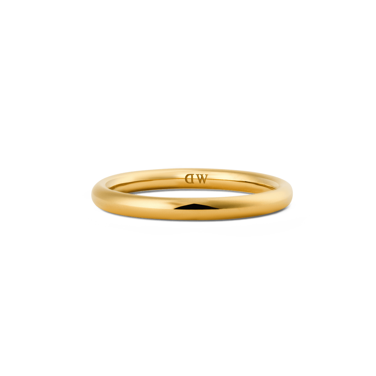 A slim, rounded gold ring with a high-polish finish, featuring a discreet inner logo and a minimalist design suitable for stacking or wearing alone.