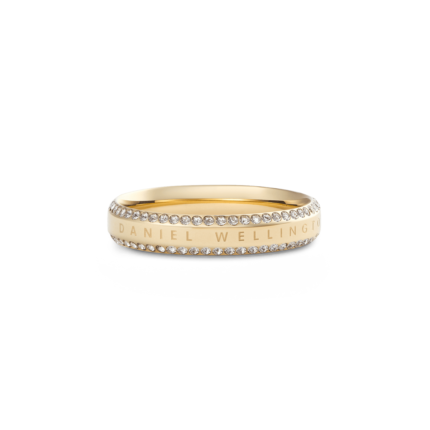 Classic Aura Duo Ring Gold with a slim gold band, engraved centre detail, and two rows of pavé-set crystals for a sophisticated, modern finish.