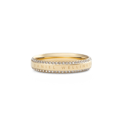 Classic Aura Duo Ring Gold with a slim gold band, engraved centre detail, and two rows of pavé-set crystals for a sophisticated, modern finish.