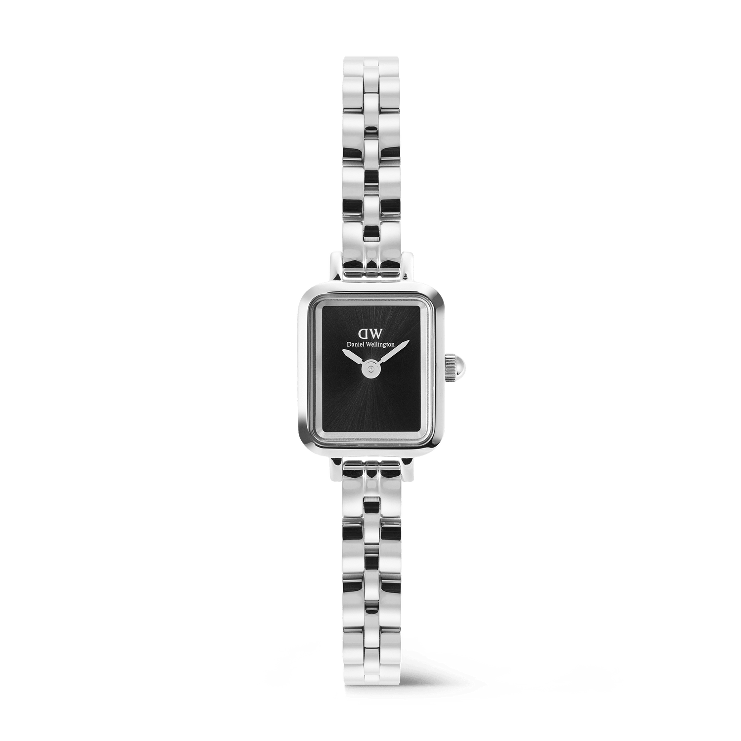 Quadro Mini Arch 3-link Onyx Sunray Silver features a petite rectangular silver case, a slim three-link stainless steel bracelet, and a minimalist black sunray dial without indices, offering a refined and versatile accessory for women.