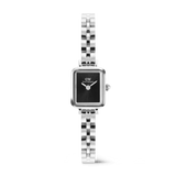 Quadro Mini Arch 3-link Onyx Sunray Silver features a petite rectangular silver case, a slim three-link stainless steel bracelet, and a minimalist black sunray dial without indices, offering a refined and versatile accessory for women.