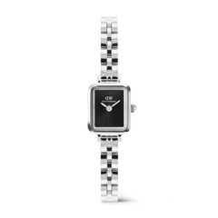 Quadro Mini Arch 3-link Onyx Sunray Silver features a petite rectangular silver case, a slim three-link stainless steel bracelet, and a minimalist black sunray dial without indices, offering a refined and versatile accessory for women.