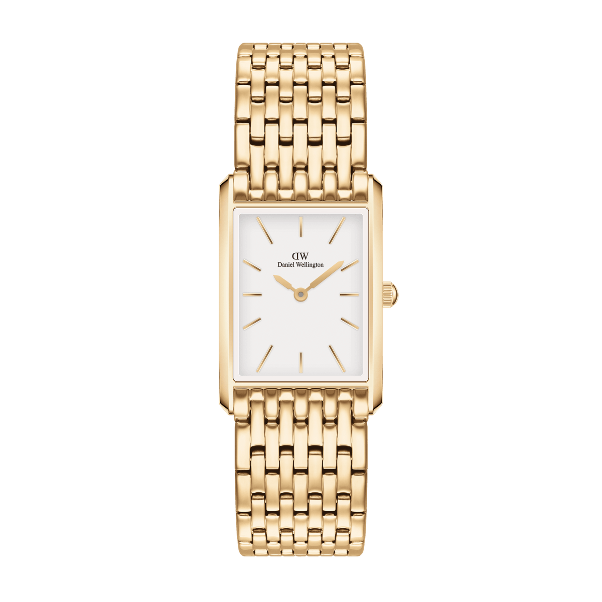 Bound 9-Link Gold watch for women featuring a slim rectangular 18k gold plated case, crisp white dial with minimalist gold markers, and an integrated 9-link gold bracelet.
