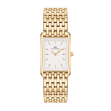 Bound 9-Link Gold watch for women featuring a slim rectangular 18k gold plated case, crisp white dial with minimalist gold markers, and an integrated 9-link gold bracelet.