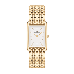 Bound 9-Link Gold watch for women featuring a slim rectangular 18k gold plated case, crisp white dial with minimalist gold markers, and an integrated 9-link gold bracelet.