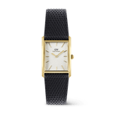 Rectangular men's watch with a gold-toned case, white guilloché dial, and textured black lizard grain leather strap, featuring minimalist gold hour markers and a slim profile suitable for both formal and casual wear.
