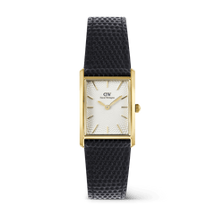 Rectangular men's watch with a gold-toned case, white guilloché dial, and textured black lizard grain leather strap, featuring minimalist gold hour markers and a slim profile suitable for both formal and casual wear.