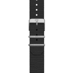 Close-up of the Smartwatch Strap Nato Silver showing the black recycled polyester nato strap, silver buckle, and multiple adjustment holes for a secure and comfortable fit on Apple Watch.