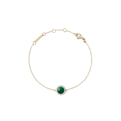 Delicate gold bracelet featuring a slim adjustable chain, a round green malachite centrepiece framed by white cubic zirconia, and a secure lobster clasp.
