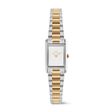 Rectangular ladies watch with a minimalist white dial, featuring a two tone silver and rose gold three-link bracelet and a slim, elegant design.