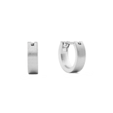 A pair of small brushed silver hoop earrings with a 3.5 mm width, featuring a modern, minimalist design and secure latch-back closure, crafted from stainless steel.