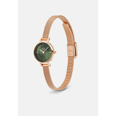 Petite Mini Emerald Melrose watch with a 19mm rose gold case, emerald green sunray dial featuring an inner ring detail, and a slim rose gold mesh strap with a stainless steel safety clasp.