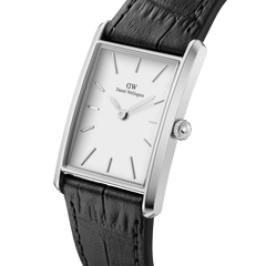 Bound Black Crocodile Silver watch with a rectangular stainless steel case, minimalist white dial, and black crocodile-embossed leather strap, highlighting its elegant and timeless design.