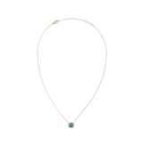 Rose gold necklace with a fine adjustable chain, featuring a round green jade pendant framed by a halo of white cubic zirconia crystals.