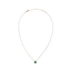 Rose gold necklace with a fine adjustable chain, featuring a round green jade pendant framed by a halo of white cubic zirconia crystals.