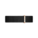 Cornwall Strap Rose Gold features a sleek black NATO-style polyester band with a rose gold buckle, offering a modern and versatile look for any watch.