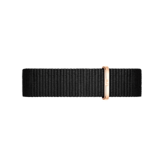 Cornwall Strap Rose Gold features a sleek black NATO-style polyester band with a rose gold buckle, offering a modern and versatile look for any watch.
