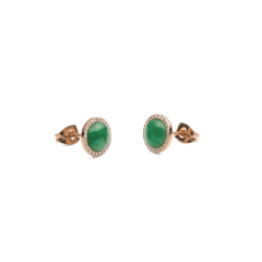 Daniel Wellington Audrey Earrings Jade Rose Gold featuring domed green jade stones, surrounded by white cubic zirconia halos and finished with rose gold butterfly clasps.