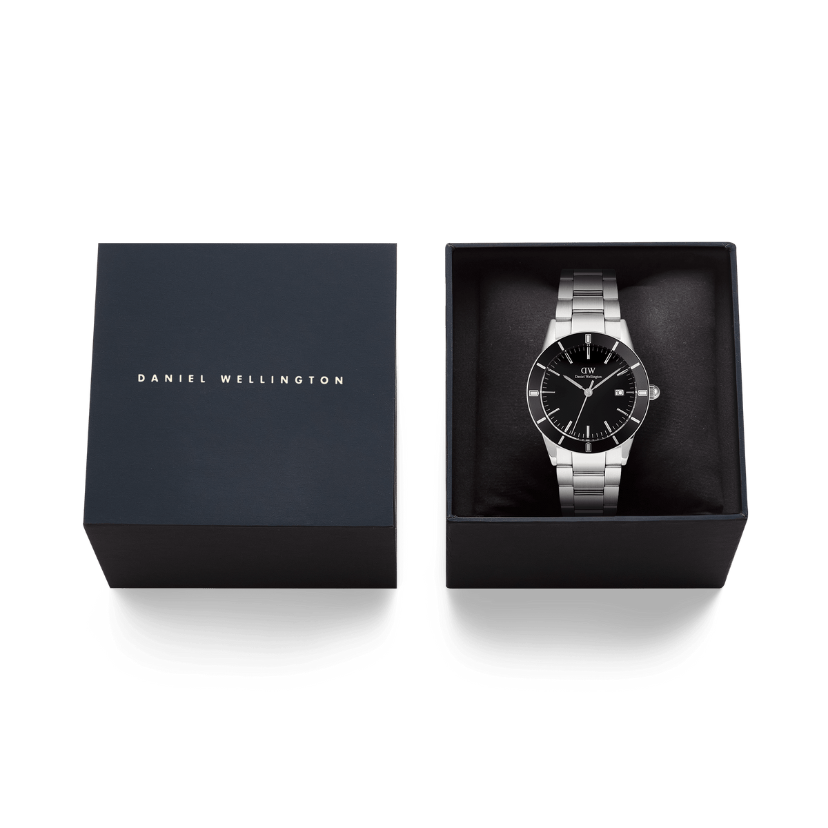 Iconic Paradigma Link Black Enamel watch with a silver stainless steel bracelet and black dial, elegantly presented in a Daniel Wellington gift box, ideal for gifting or adding to your collection.