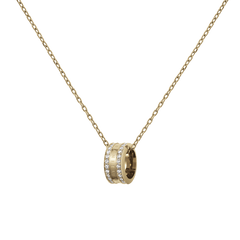 Elan Lumine Necklace Gold with a polished ring pendant engraved with branding and two rows of sparkling crystals, suspended on a fine gold cable chain for a modern minimalist look.