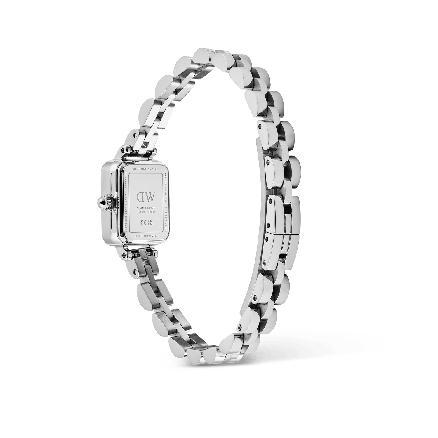 Quadro Mini Arch 3-link White Sunray Silver ladies watch shown from the back, highlighting its stainless steel case, engraved details, and polished adjustable 3-link bracelet with butterfly clasp.