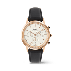 Iconic Chronograph Sheffield RG men’s watch with a white dial, rose gold case, three sub-dials, and a slim black leather strap, featuring minimalist design and practical chronograph functions.