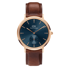 Classic Multi-Eye St Mawes Arctic Rose Gold men's watch featuring a round rose gold case, minimalist blue dial with chronograph subdial, and a brown leather strap.