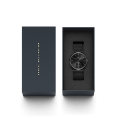 Classic Multi-Eye Ashfield Onyx men's watch with a black mesh strap, presented in a sleek Daniel Wellington gift box, ideal for gifting or special occasions.