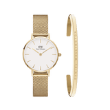 Minimalist gold mesh strap watch with a white dial and slim gold hour markers, paired with a classic gold bracelet featuring subtle engraved detailing, both designed for a refined and elegant look.