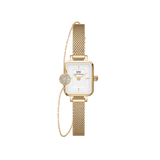 Quadro Mini & Pavé Crystal Gold Set featuring a slim gold mesh ladies watch with a rectangular white dial, paired with a delicate gold bracelet adorned with a pavé crystal sphere for a refined, coordinated look.