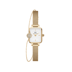 Quadro Mini & Pavé Crystal Gold Set featuring a slim gold mesh ladies watch with a rectangular white dial, paired with a delicate gold bracelet adorned with a pavé crystal sphere for a refined, coordinated look.