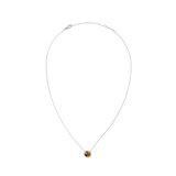 Silver necklace with an adjustable chain, featuring a domed tiger eye stone pendant surrounded by white cubic zirconia crystals.