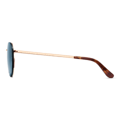 Side view of Arch Steel Blue Rose Gold sunglasses showing the slim rose gold plated stainless steel arm and tortoiseshell acetate temple tip, with blue UV400 lens.